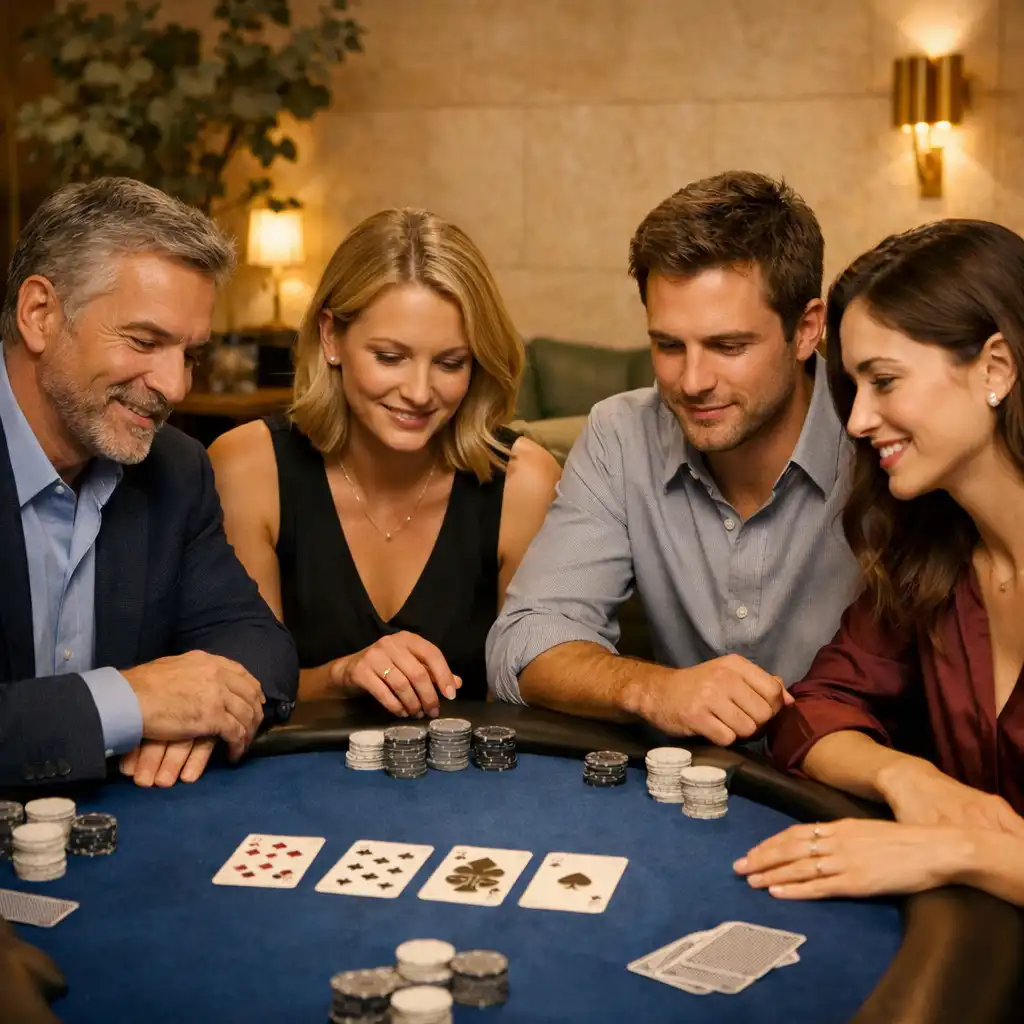 Kisebb Card Room társaság ül cobalt felt pokerasztal körül, warm brass fények és lounge-fotelek között.