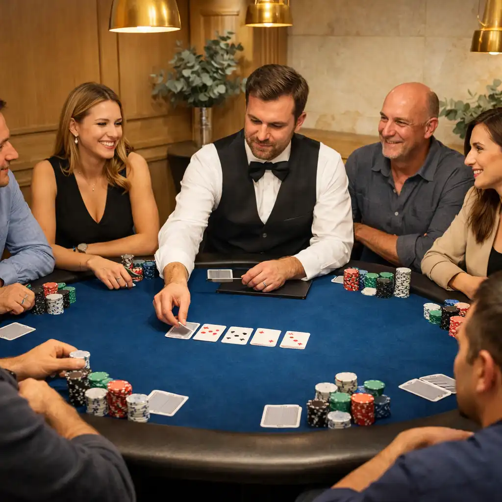 Dealer oszt kártyát egy deep cobalt felt fizikai Texas Hold’em asztalnál, beszélgető vendégekkel.