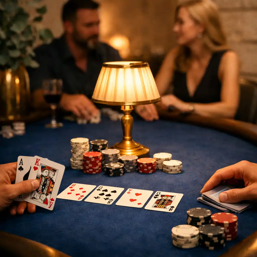 Fizikai cobalt felt pokerasztal kártyákkal, semleges zsetonokkal és vendégek kezeivel egy elegáns Offline Poker Lounge-ban.