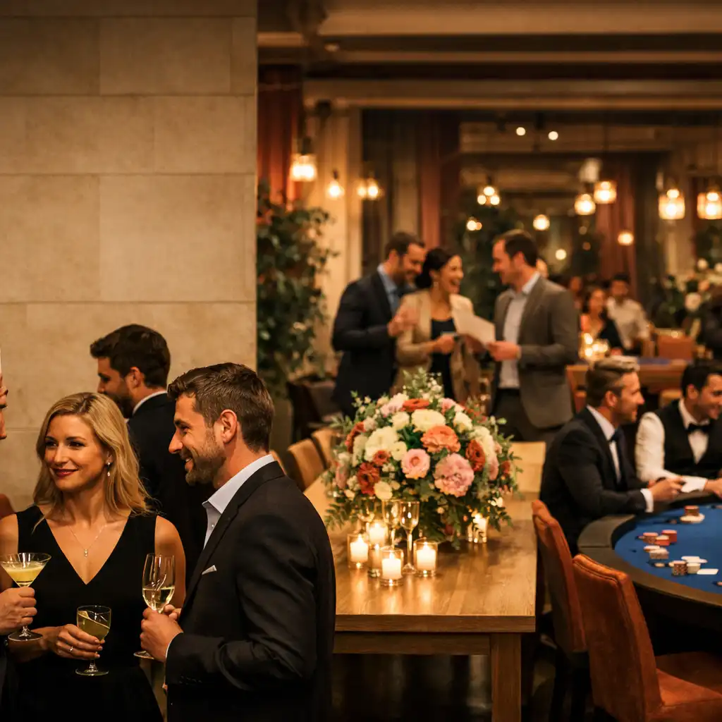 Dekorált budapesti eseménytér céges vendégekkel és több fizikai pokerasztallal egy elegáns offline Poker Lounge-ban.