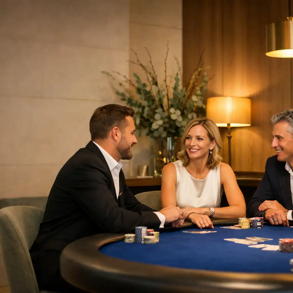 Vendégek személyesen beszélgetnek egy cobalt filcű fizikai pokerasztal körül egy budapesti Poker Lounge eseményen.