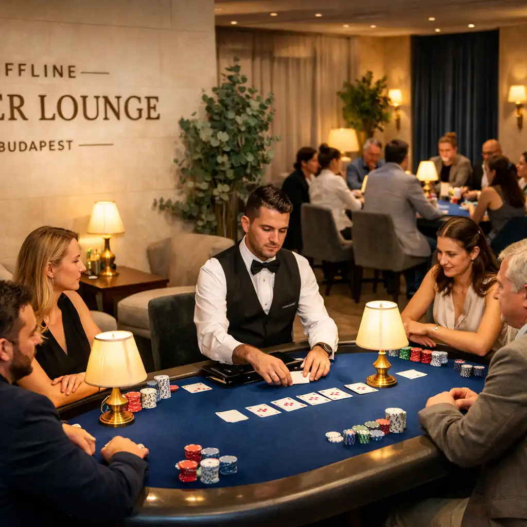Több fizikai cobalt felt pokerasztal felnőtt vendégekkel, dealerrel, kártyákkal és semleges zsetonokkal egy elegáns budapesti Poker Lounge-ban.