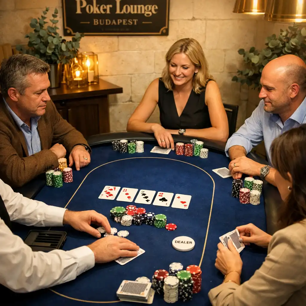 Vendégek és dealer keze egy mély cobalt felt borítású fizikai Texas Hold’em pokerasztalnál.