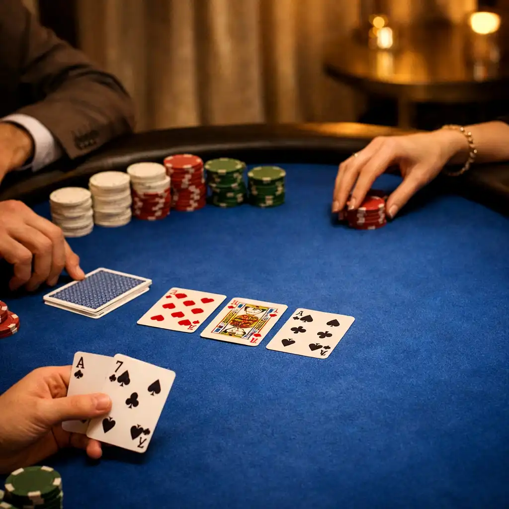 Kezek, fizikai játékkártyák és pénzérték nélküli zsetonok egy cobalt filcű Texas Hold’em asztalon.